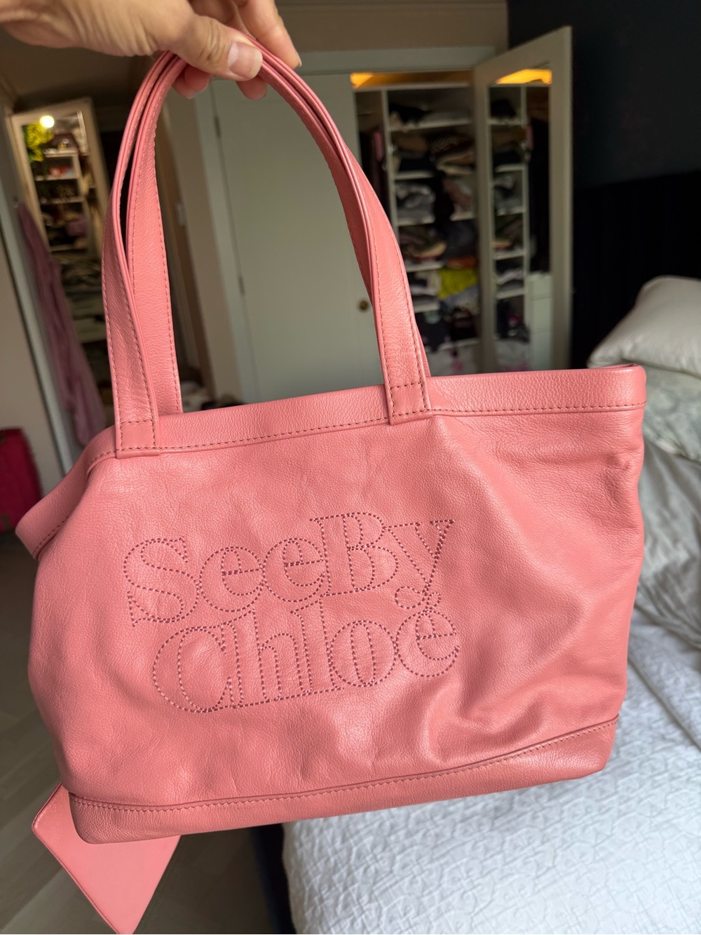 See By Chloe Coral Pink Leather Tote with Perforated Logo with COA